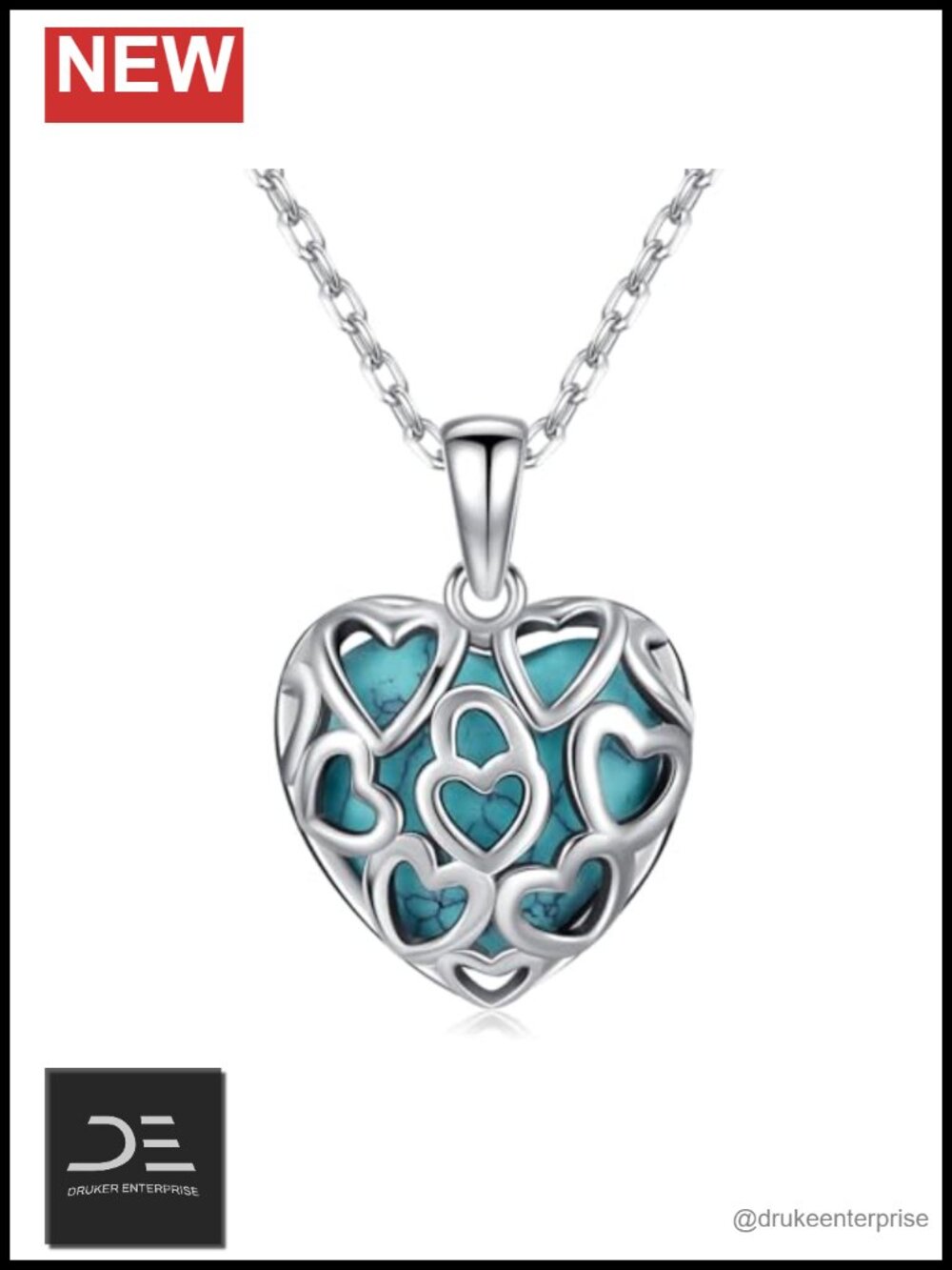 Heart Turquoise Pendant Necklace 925 Sterling Silver, 18"